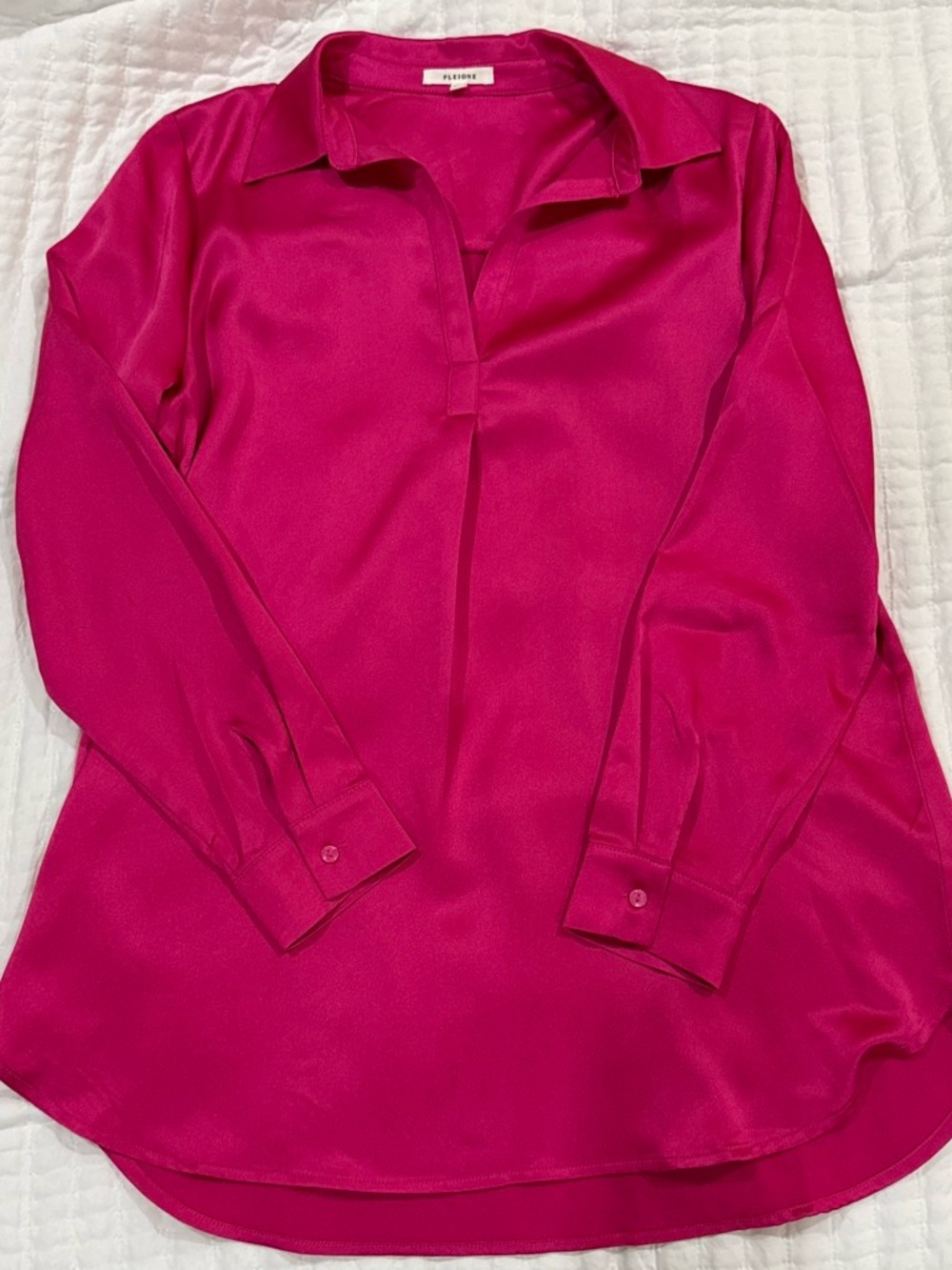 Pleione Hot Pink Silk-Look Split V Button-Down Blouse